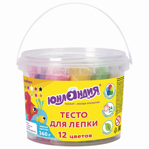 Пластилин на растительной основе (тесто для лепки) ЮНЛАНДИЯ, 12 цветов, 360 г, ведерко, 105504 по низкой цене оптом Краснодар, Москва, Уфа, Казань, Барнаул, Владивосток, Хабаровск, Сахалин, Красноярск, Екатеренбург, 