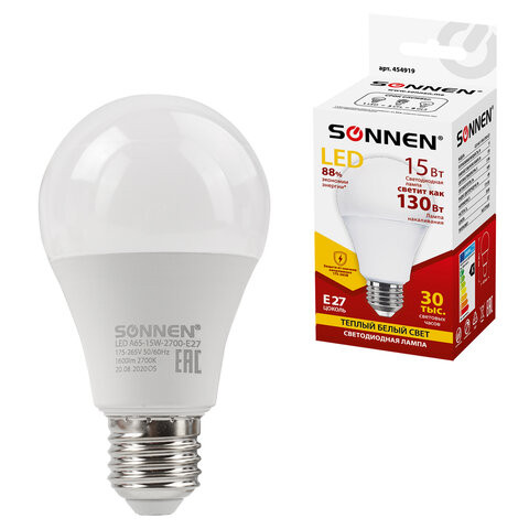 Лампа светодиодная SONNEN, 15 (130) Вт, цоколь Е27, груша, теплый белый, 30000 ч, LED A65-15W-2700-E27, 454919 по низкой цене оптом 