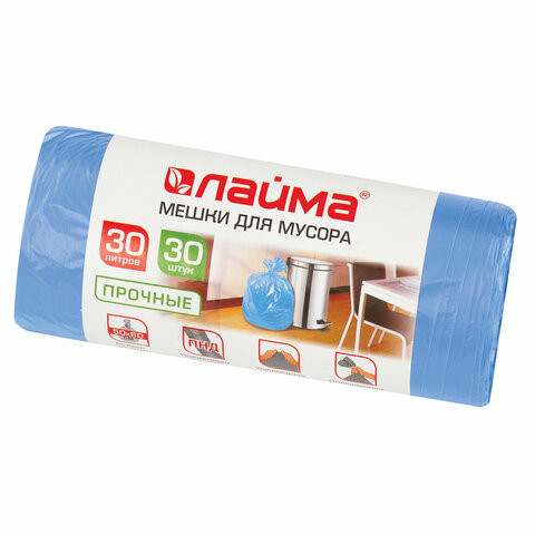 Мешки для мусора 30 л синие в рулоне 30 шт. прочные, ПНД 10 мкм, 50х60 см, LAIMA, 601378 по низкой цене оптом 