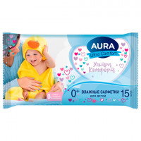 Салфетки влажные 15 шт, для детей, AURA Ultra Comfort, без спирта, ш/к 80280, 8492