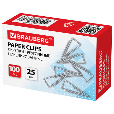 Скрепки BRAUBERG, 25 мм, никелированные, треугольные, 100 шт., в картонной коробке, 270440 по низкой цене оптом 