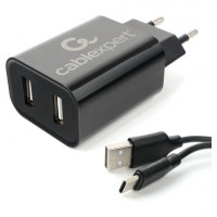 Зарядное устройство CABLEXPERT 12Вт, 2.4А, 2хUSB, кабель Type-C 1м, черный, коробка-блистер, MP3A-PC-37