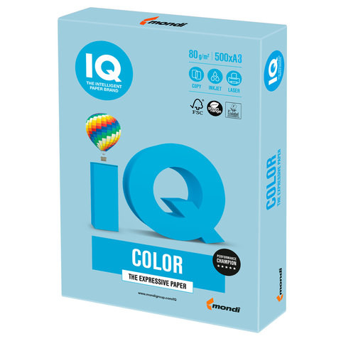 Бумага цветная IQ color БОЛЬШОЙ ФОРМАТ (297х420 мм), А3, 80 г/м2, 500 л., пастель, голубой лед, OBL70 по низкой цене оптом 