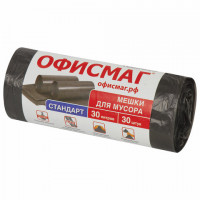 Мешки для мусора 30 л, черные, в рулоне 30 шт., ПНД 8 мкм, 50х60 см, ОФИСМАГ стандарт, 601379