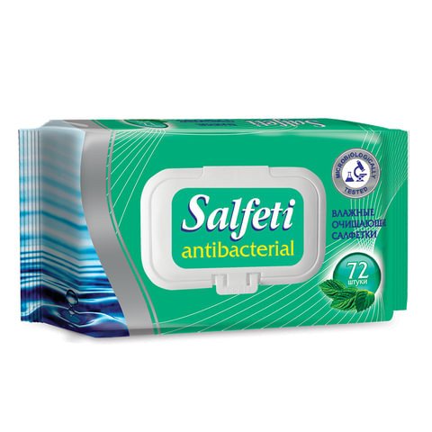 Салфетки влажные, 72 шт., SALFETI "Antibacterial", антибактериальные, крышка-клапан, 48397 по низкой цене оптом Краснодар, Москва, Уфа, Казань, Барнаул, Владивосток, Хабаровск, Сахалин, Красноярск, Екатеренбург, 