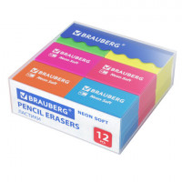 Ластики BRAUBERG NEON SOFT НАБОР 12 штук, размер ластика 31*20*10мм, экологичный ПВХ, 271339