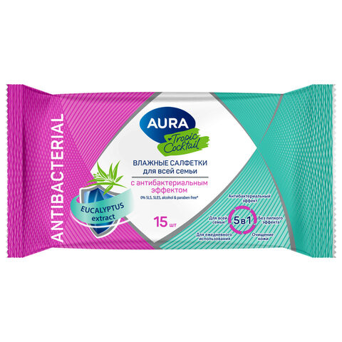 Салфетки влажные 15 шт, AURA Tropic Cocktail c антибактериальным эффектом, ш/к 93967, 10388 по низкой цене оптом Краснодар, Москва, Уфа, Казань, Барнаул, Владивосток, Хабаровск, Сахалин, Красноярск, Екатеренбург, 