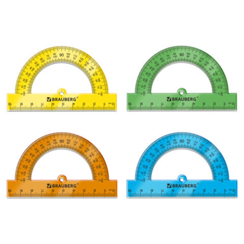 Транспортир пластиковый 10 см, 180 градусов, BRAUBERG, прозрачный, неоновый, ассорти, 210847 по низкой цене оптом 