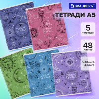 Тетради ДЭК А5 48 л. КОМПЛЕКТ 5 шт. BRAUBERG, клетка, SoftTouch, фольга, "Zodiac", 404679