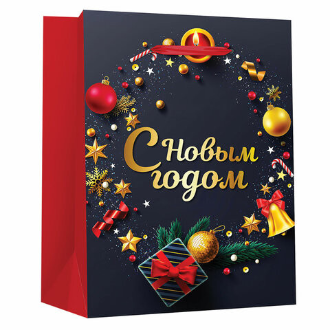 Пакет подарочный новогодний 11,4x6,4x14,6 см ЗОЛОТАЯ СКАЗКА "New Year" фольга, чёрный/красный, 608228 по низкой цене оптом Краснодар, Москва, Уфа, Казань, Барнаул, Владивосток, Хабаровск, Сахалин, Красноярск, Екатеренбург, 