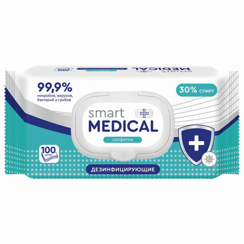 Дезинфицирующие салфетки спиртовые 100 штук SMART MEDICAL, крышка-клапан, 72029 по низкой цене оптом 