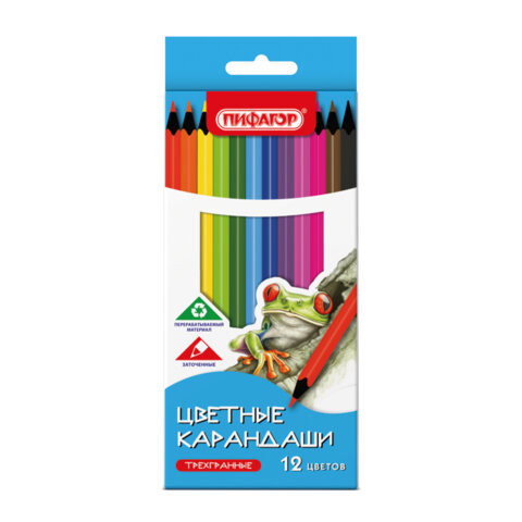 Карандаши цветные ПИФАГОР СТАНДАРТ 12 цветов, трехгранный корпус, 182087 по низкой цене оптом 