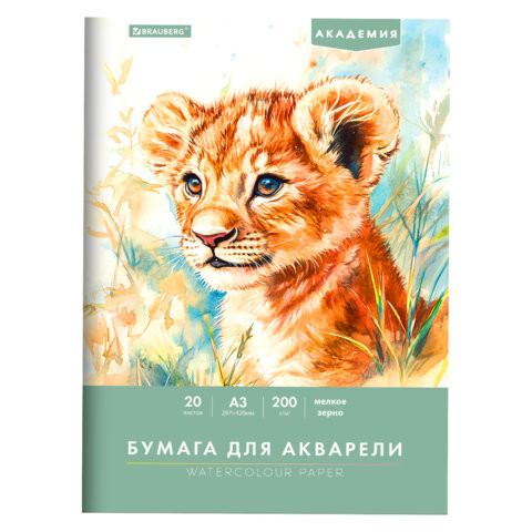 Папка для акварели БОЛЬШАЯ А3, 20л., 200 г/м2, 297х420мм, BRAUBERG АКАДЕМИЯ, "Львёнок", 117745 по низкой цене оптом Папка для акварели БОЛЬШАЯ А3, 20л., 200 г/м2, 297х420мм, BRAUBERG АКАДЕМИЯ, "Львёнок", 117745 по низкой цене оптом