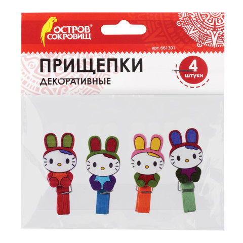 Прищепки декоративные "Зайчики", 4 штуки, 3,5 см, ассорти, ОСТРОВ СОКРОВИЩ, 661301 по низкой цене оптом 