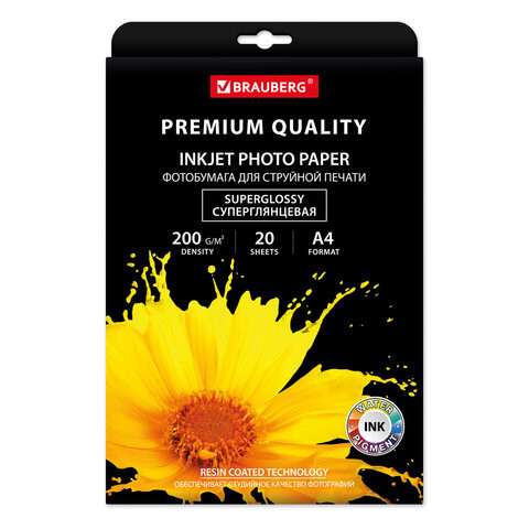 Фотобумага PREMIUM суперглянцевая, А4, 200 г/м2, односторонняя, 20 листов, BRAUBERG, 364003 по низкой цене оптом 