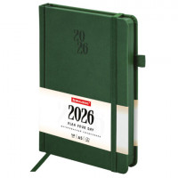 Ежедневник датированный 2026, А5, 138х213 мм, BRAUBERG "Plain", под кожу, резинка, держатель для ручки, темно-зеленый, 117507