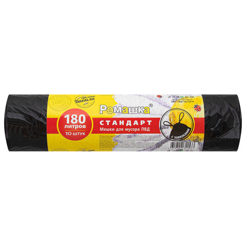 Мешки для мусора с завязками 180л черные в рулоне 10шт ПВД 30мкм 90х110 см, РОМАШКА,, ЗВС-180/10/12/Ч по низкой цене оптом Мешки для мусора с завязками 180л черные в рулоне 10шт ПВД 30мкм 90х110 см, РОМАШКА,, ЗВС-180/10/12/Ч по низкой цене оптом