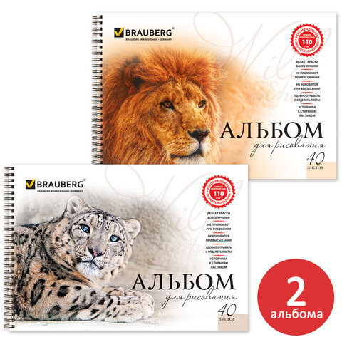 Альбомы для рисования А4 40 л., КОМПЛЕКТ 2 шт., гребень, обложка картон, BRAUBERG, 205х290 мм, "Хищники" (2 вида), 880028 по низкой цене оптом 