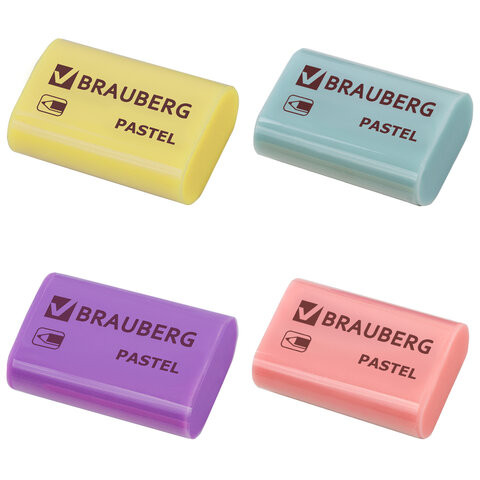 Ластик BRAUBERG "Pastel", 37х24х11мм, ассорти пастельных цветов, экологичный ПВХ, 229582 по низкой цене оптом 