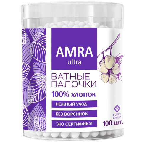 Ватные палочки 100 шт., AMRA, пластиковый стакан, ш/к 82480, П00055403 по низкой цене оптом 
