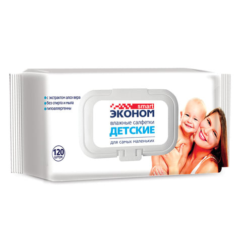 Салфетки влажные КОМПЛЕКТ 120 шт., для детей, SMART ЭКОНОМ, с экстрактом алоэ вера, 30108 по низкой цене оптом Краснодар, Москва, Уфа, Казань, Барнаул, Владивосток, Хабаровск, Сахалин, Красноярск, Екатеренбург, 