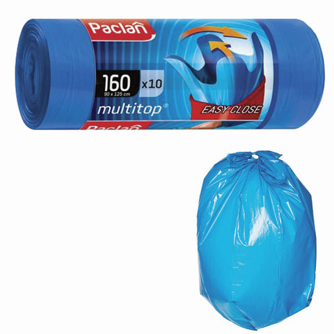 Мешки для мусора 160 л, с ушками, синие, рулон 10 шт., ПВД, 30 мкм, 90х125 см, PACLAN "Multitop", 134442 по низкой цене оптом 