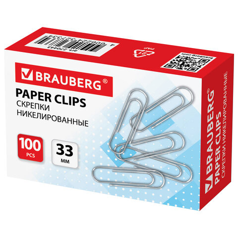 Скрепки BRAUBERG, 33 мм, никелированные, 100 шт., в картонной коробке, 270443 по низкой цене оптом 