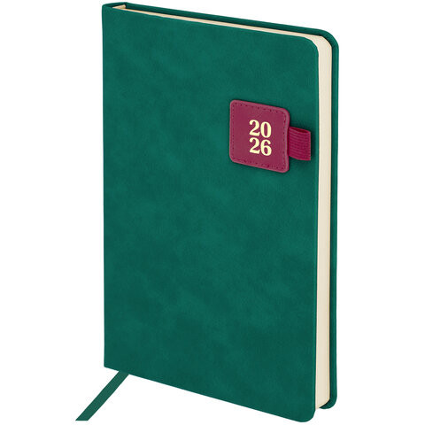 Ежедневник датированный 2026 А5 138х213мм BRAUBERG Accent под кожу, держатель, зеленый/бордо, 117387 по низкой цене оптом 