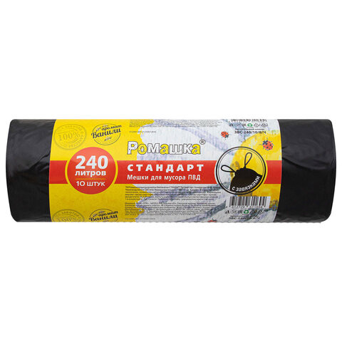 Мешки для мусора с завязками 240л черные в рулоне 10шт ПВД 30мкм 110х115 см РОМАШКА З, ЗВС-240/10/8/Ч по низкой цене оптом 