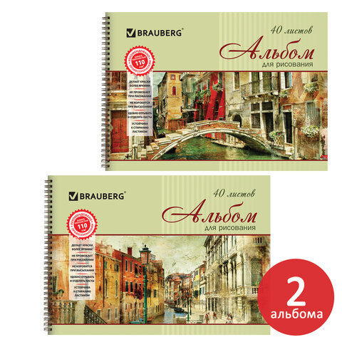 Альбомы для рисования А4 40 л., КОМПЛЕКТ 2 шт., гребень, обложка картон, BRAUBERG, 205х290 мм, "Город" (2 вида), 880029 по низкой цене оптом 