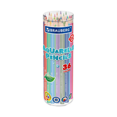 Карандаши цветные акварельные BRAUBERG PREMIUM AQUARELLE 36 цветов, трёхгранный корпус, мягкий грифель, упаковка пластиковая туба, 181933 по низкой цене оптом Краснодар, Москва, Уфа, Казань, Барнаул, Владивосток, Хабаровск, Сахалин, Красноярск, Екатеренбург, 