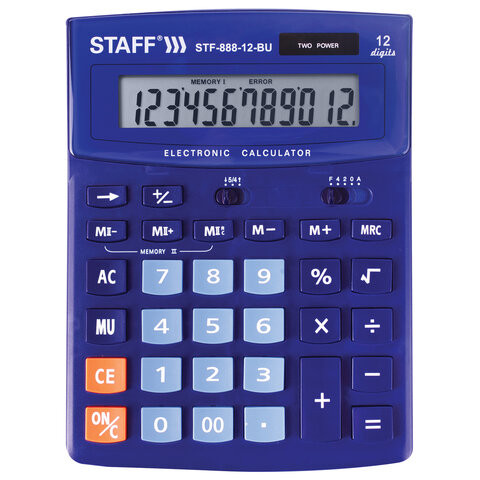 Калькулятор настольный STAFF STF-888-12-BU (200х150 мм) 12 разрядов, двойное питание, СИНИЙ, 250455 по низкой цене оптом 