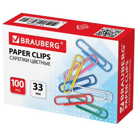 Скрепки BRAUBERG, 33 мм, цветные, 100 шт., в картонной коробке, 270444 по низкой цене оптом 