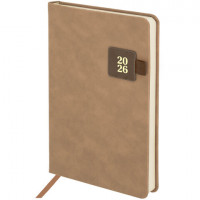 Ежедневник датированный 2026 А5 138х213мм BRAUBERG Accent под кожу, держатель, беж/коричневый 117388