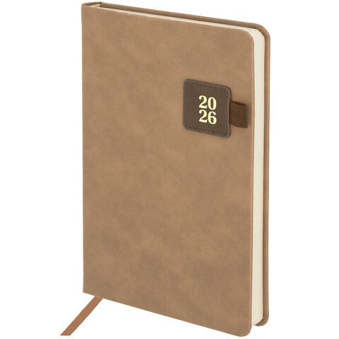 Ежедневник датированный 2026 А5 138х213мм BRAUBERG Accent под кожу, держатель, беж/коричневый 117388 по низкой цене оптом 