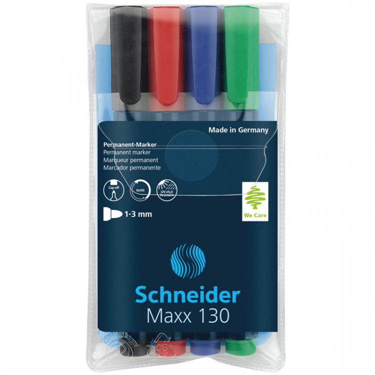 Набор перманентных маркеров Schneider "Maxx 130" 04цв., пулевидный, 1,0мм по низкой цене оптом Краснодар, Москва, Уфа, Казань, Барнаул, Владивосток, Хабаровск, Сахалин, Красноярск, Екатеренбург, 