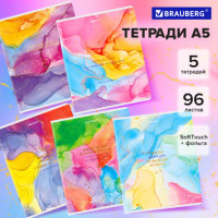 Тетради ДЭК А5 96 л. КОМПЛЕКТ 5 шт., BRAUBERG скоба, клетка, SoftTouch, фольга, "Яркие Краски", 404691