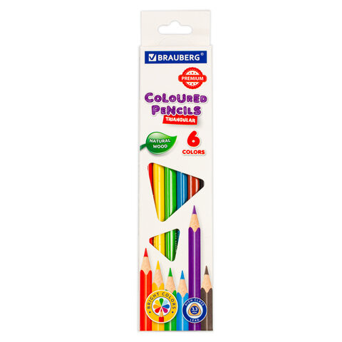 Карандаши цветные BRAUBERG PREMIUM, 6 цветов, трехгранные, грифель мягкий 3,3 мм, 181650 по низкой цене оптом 