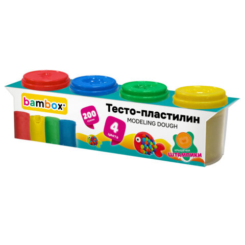 Тесто-пластилин для лепки СУПЕР ПЛАСТИЧНОЕ, 4 цвета, 200 г, крышки-штампики, BAMBOX (БАМБОКС), 107247 по низкой цене оптом Тесто-пластилин для лепки СУПЕР ПЛАСТИЧНОЕ, 4 цвета, 200 г, крышки-штампики, BAMBOX (БАМБОКС), 107247 по низкой цене оптом