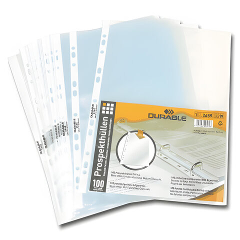 Папки-файлы перфорированные, А4, DURABLE (Германия), комплект 100 шт., матовые, 35 мкм, 2659-19 по низкой цене оптом 