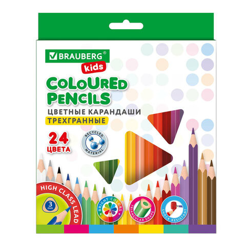 Карандаши цветные BRAUBERG KIDS, 24 цвета, трехгранный корпус, грифель мягкий 3 мм, 181944 по низкой цене оптом 