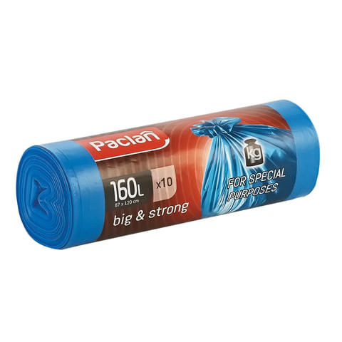 Мешки для мусора 160 л, синие, в рулоне 10 шт., ПВД, 21 мкм, 120х87 см, PACLAN "Big&Strong", 402001 по низкой цене оптом 