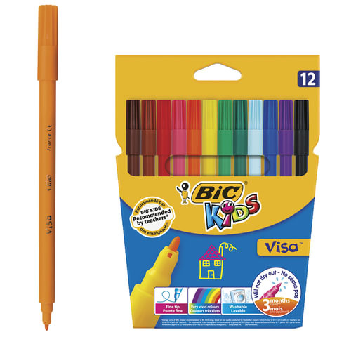 Фломастеры BIC "Kids Visa", 12 ЦВЕТОВ, суперсмываемые, вентилируемый колпачок, европодвес, 889695, 888695 по низкой цене оптом 