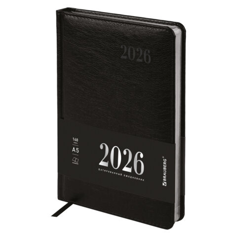 Ежедневник датированный 2026, А5, 138х213 мм, BRAUBERG "Impression", под кожу, черный, 117510 по низкой цене оптом 