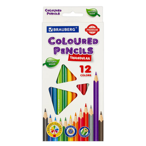 Карандаши цветные BRAUBERG PREMIUM, 12 цветов, трехгранные, грифель мягкий 3,3 мм, 181651 по низкой цене оптом Краснодар, Москва, Уфа, Казань, Барнаул, Владивосток, Хабаровск, Сахалин, Красноярск, Екатеренбург, 