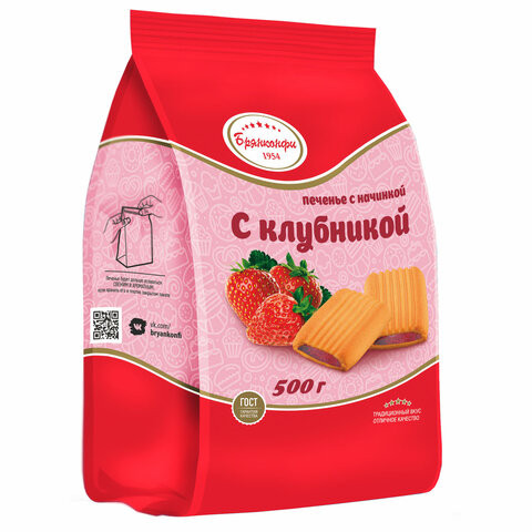 Печенье сдобное БРЯНКОНФИ с клубничной начинкой 500 г, УТ-00028797 по низкой цене оптом Краснодар, Москва, Уфа, Казань, Барнаул, Владивосток, Хабаровск, Сахалин, Красноярск, Екатеренбург, 