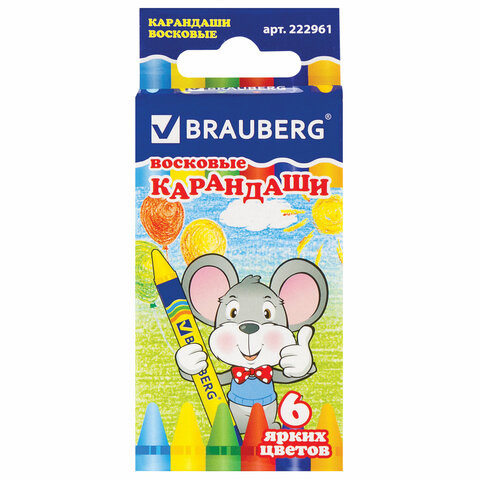 Восковые карандаши BRAUBERG/ПИФАГОР, 6 цветов, 222961 по низкой цене оптом 