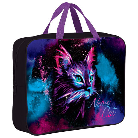 Папка на молнии с ручками BRAUBERG А4, 1 отделение, полиэстер, 80 мм, "Neon cat", 271482 по низкой цене оптом 