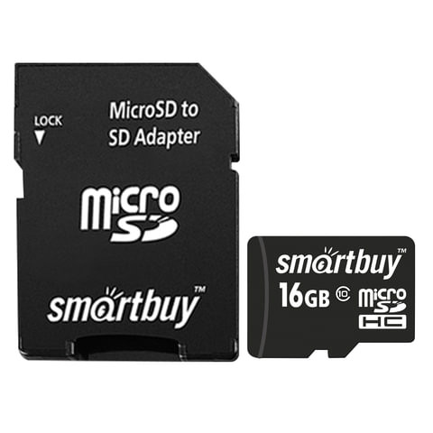 Карта памяти microSDHC, 16 GB, SMARTBUY, 10 Мб/сек. (class 10), с адаптером, SB16GBSDCL10-01 по низкой цене оптом 