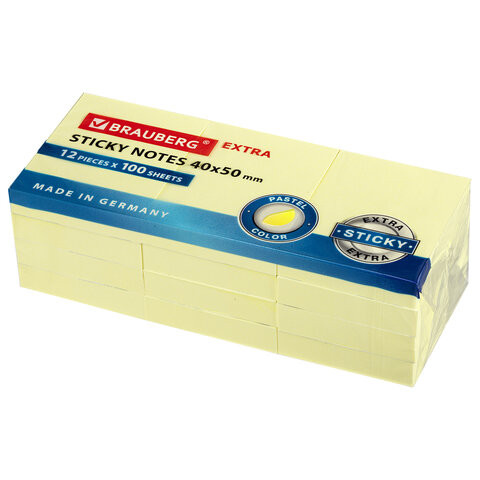 Блоки самоклеящиеся EXTRA STICKY BRAUBERG (Германия), ПАСТЕЛЬНЫЕ, 40х50 мм, КОМПЛЕКТ 12 шт. по 100 л., желтые, 112413 по низкой цене оптом 
